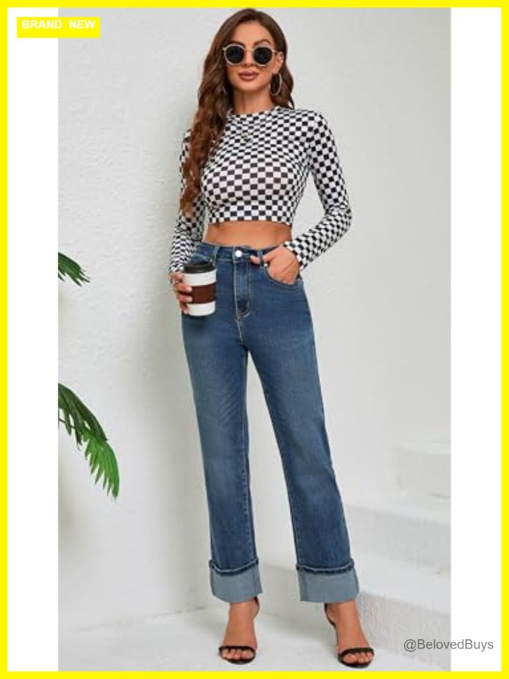 High Waisted Stretchy Straight Leg Jeans Tummy Control Cuffed Ankle Hem - Picture 4 of 6